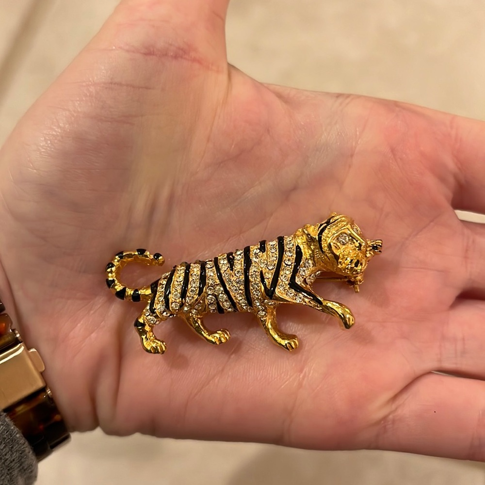 Vintage rhinestone and enamel tiger pin